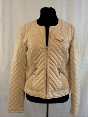Vero Moda Cream Quilted Faux Leather Moto Jacket Gold Zip Large